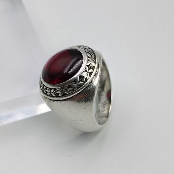 Vintage 1940s Sterling Silver 925 Lab Ruby Cabochon Signed Ring Sz 7 Unisex - Picture 9 of 16